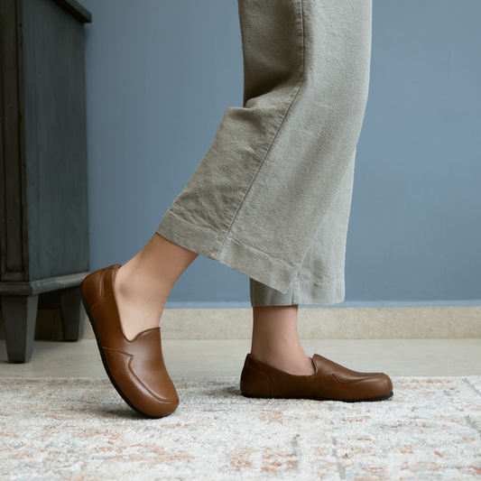 Model wearing brown minimalist loafer from Lisbeth Joe