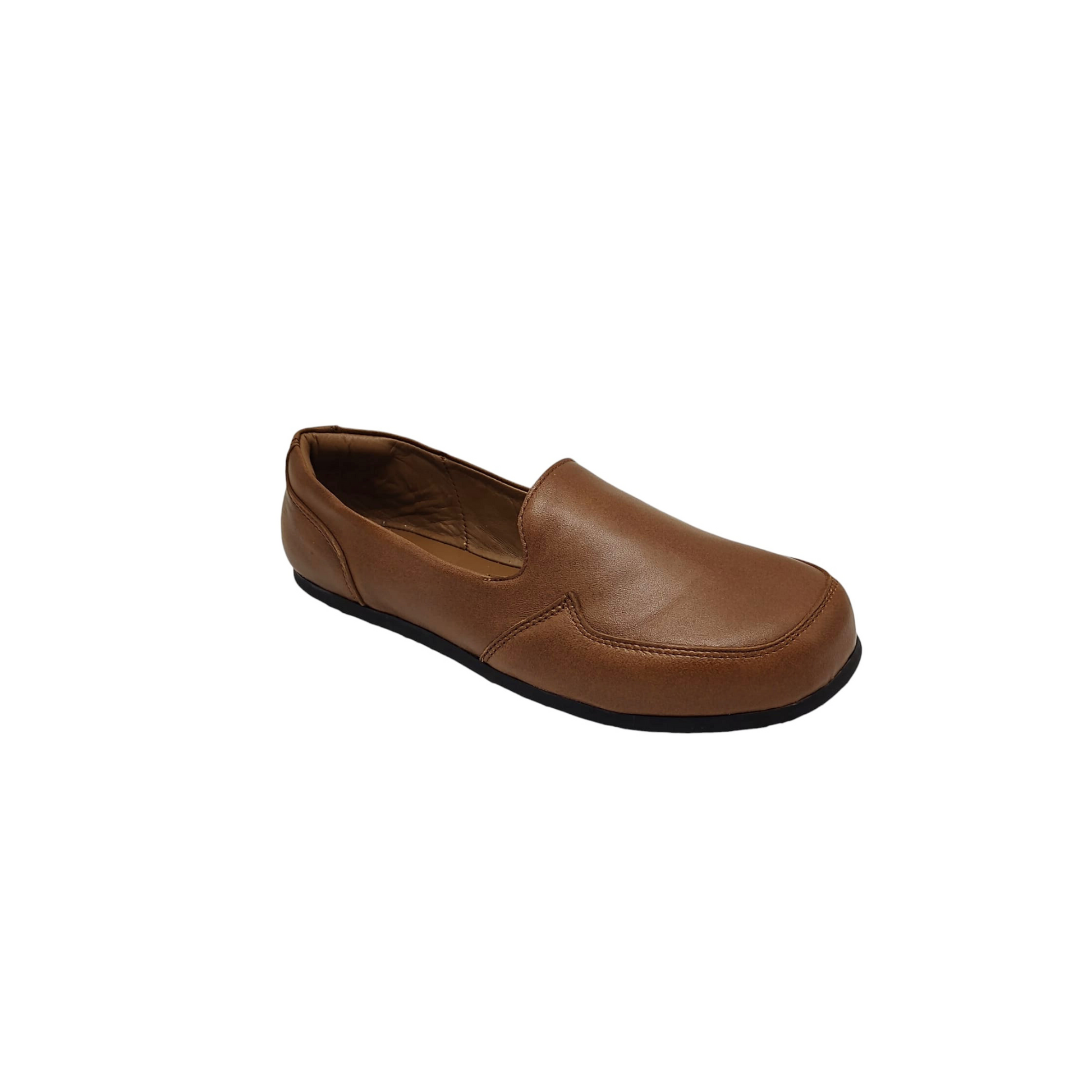 Front view of the London Loafer in brown, a barefoot flat shoe for women